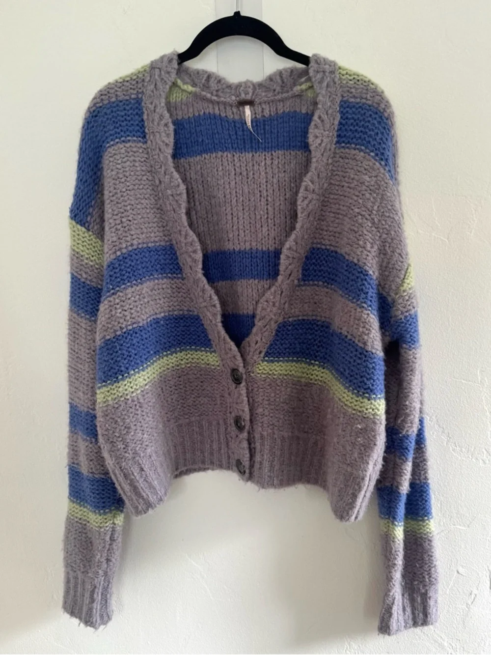 Free People Fine Time Stripe Alpaca Wool Blend Cardigan Sweater Chunky Knit Boho